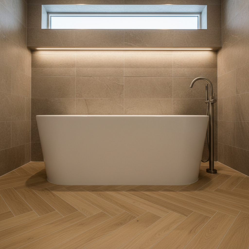 A stylish bathroom remodel featuring a deep, freestanding soaking tub with a smooth matte white finish, centered against a wall clad in large, stone-look porcelain tiles in subtle taupe tones. A sleek floor-mounted tub filler in brushed nickel rises elegantly beside it. The surrounding floor is covered in warm, light oak-look tiles laid in a herringbone pattern, adding texture without visual clutter. Soft, indirect LED cove lighting washes the tiled wall, while a narrow, high window admits gentle natural light, creating layered illumination and delicate shadows. The mood is serene and spa-like yet understated and professional. Shot from a low, wide-angle perspective following the rule of thirds, the composition highlights the tub as the focal point in a minimalist, photographic realism style suitable for a remodeling showcase.