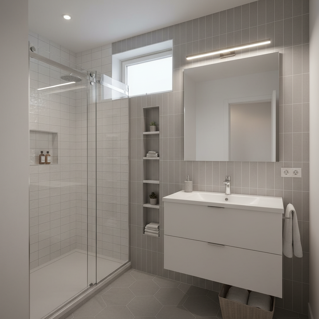 A compact, efficiently remodeled urban bathroom in the Greater Boston area, showcasing smart use of space. A wall-hung vanity in matte white sits against a backdrop of vertically stacked, light gray ceramic tiles, paired with a slim, integrated sink and minimalist chrome faucet. A space-saving, glass-panel shower with a niche for toiletries occupies one corner, lined with textured white tiles that catch the light. Soft overcast daylight filters in from a small frosted window, supplemented by a streamlined LED ceiling fixture, casting even, shadow-free illumination. The mood is orderly and practical yet refined. Photographed at a slightly elevated angle with sharp focus, the scene emphasizes functionality, storage solutions, and a tailored, budget-conscious remodel in a clean, modern style.